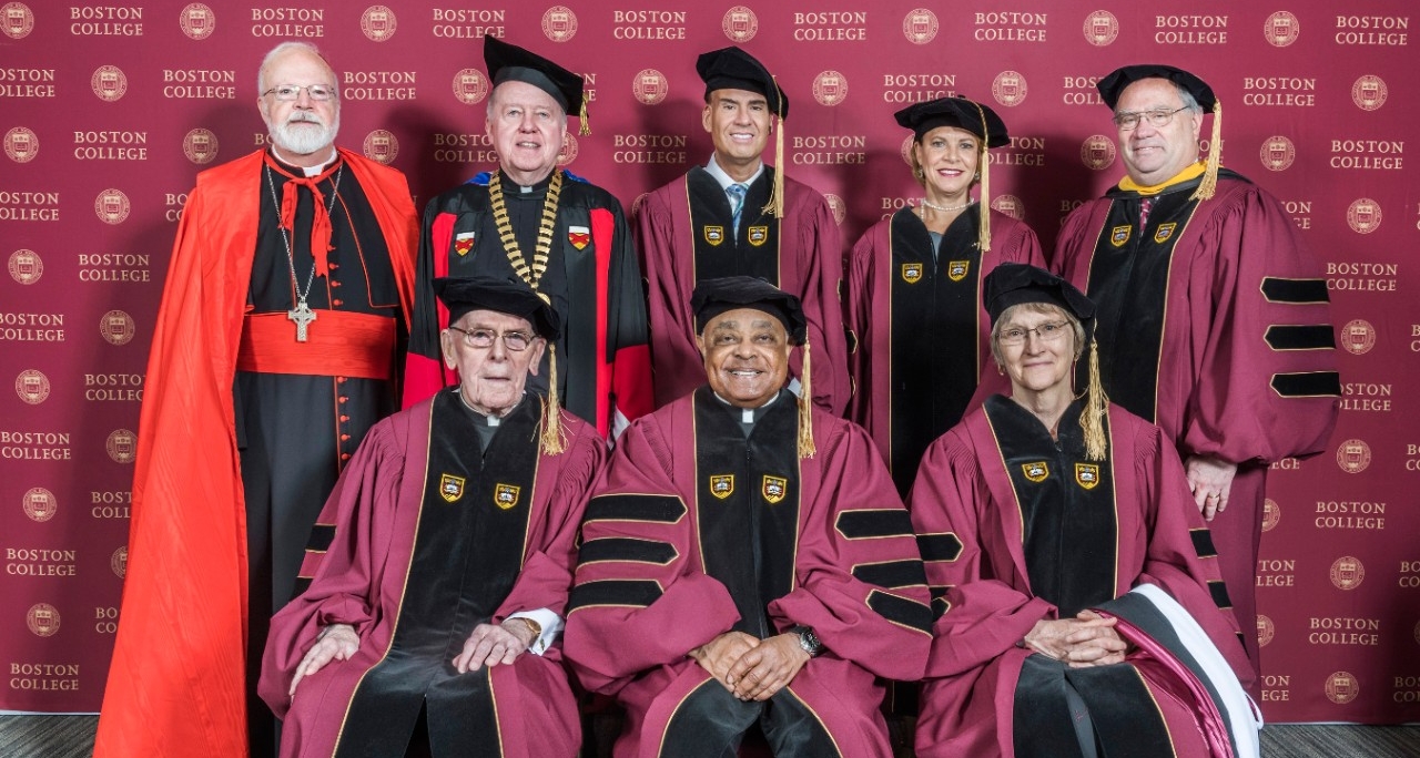 L-R (standing): Cardinal Seán O'Malley, OFM., Cap. archbishop of Boston; Boston College President William P. Leahy, S.J.; El Mundo Boston President and CEO Alberto Vasallo III '89; HBO documentary producer Kendall B. Reid '79; Boston College Board of Trustees chair Peter K. Markell '77; (seated) retired Boston College administrator Joseph Duffy, S.J., '50, MA'51, STL'58; Archbishop of Atlanta Wilton D. Gregory; Harvard University President Drew Gilpin Faust. (Gary Wayne Gilbert) L-R (standing): Cardinal Seán O'Malley, OFM., Cap. archbishop of Boston; Boston College President William P. Leahy, S.J.; El Mundo Boston President and CEO Alberto Vasallo III '89; HBO documentary producer Kendall B. Reid '79; Boston College Board of Trustees chair Peter K. Markell '77; (seated) retired Boston College administrator Joseph Duffy, S.J., '50, MA'51, STL'58; Archbishop of Atlanta Wilton D. Gregory; Harvard University President Drew Gilpin Faust. (Gary Wayne Gilbert)