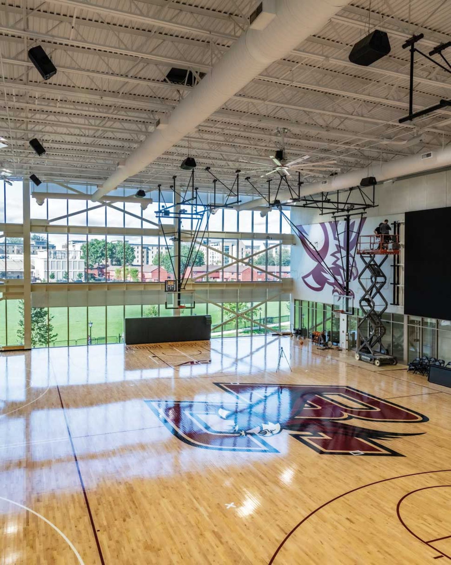 Photo from a catwalk of the new Hoag Pavilion practice basketball court