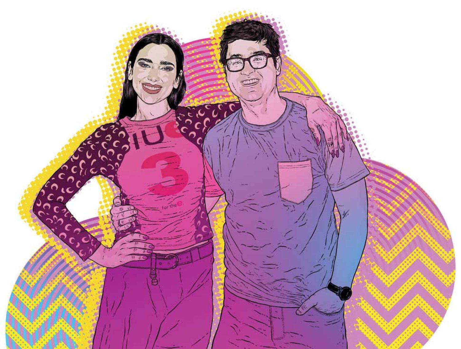 Colorful illustration of Dua Lipa and Brennan Carley ’13 