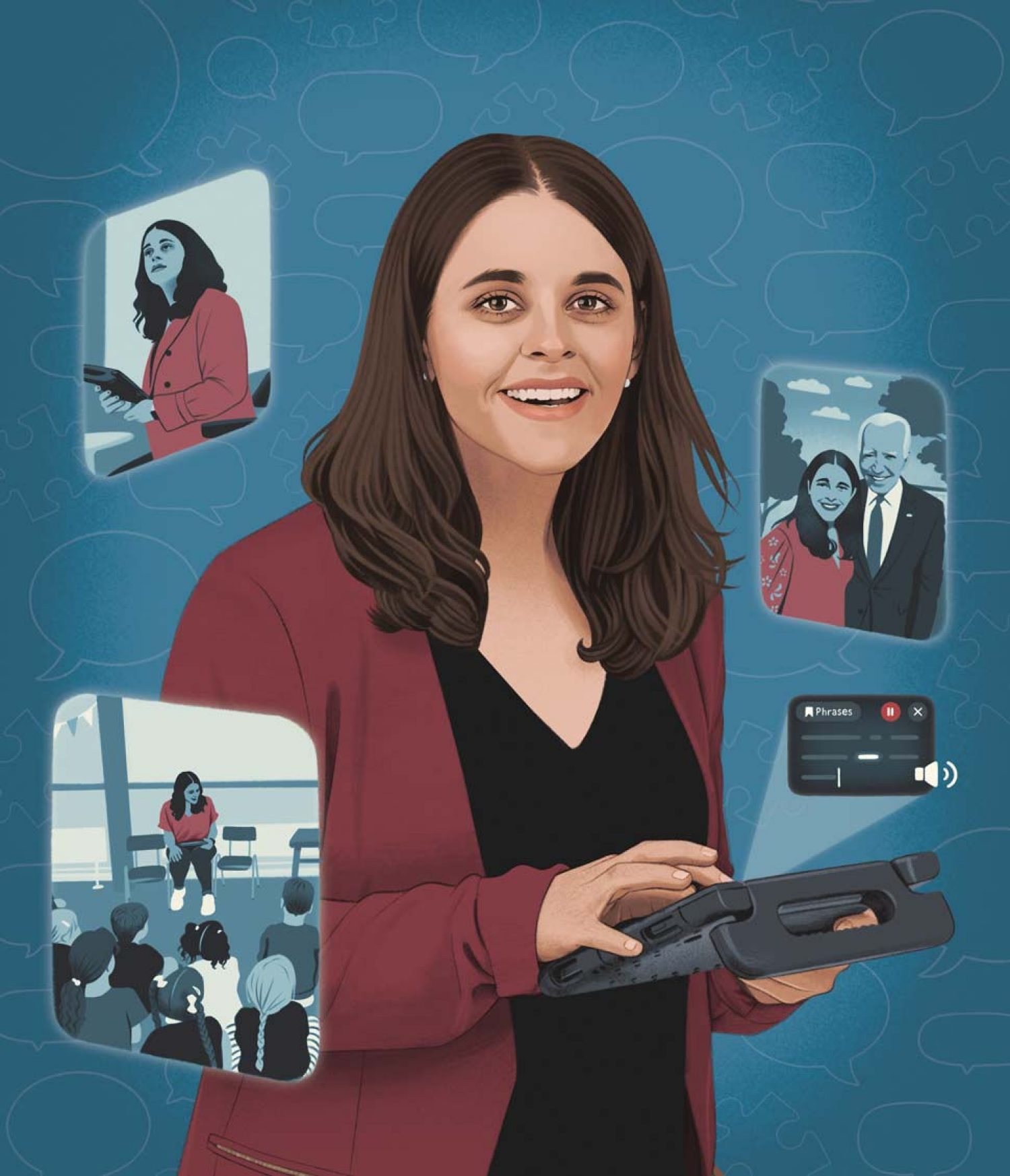 Illustration of Jordyn Zimmerman with vignettes of her advocacy work