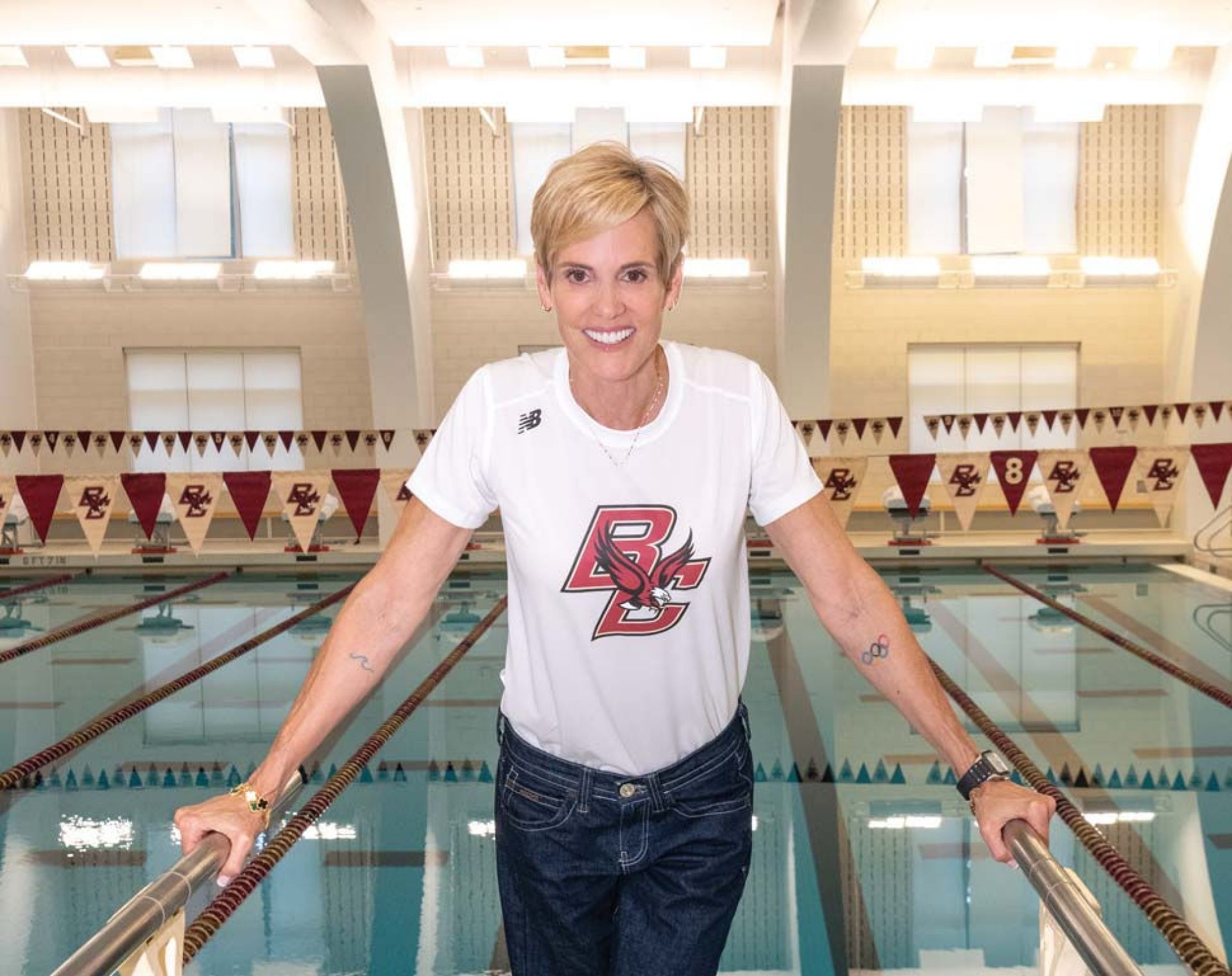 Photo of Dara Torres in the on the diving board of the pool