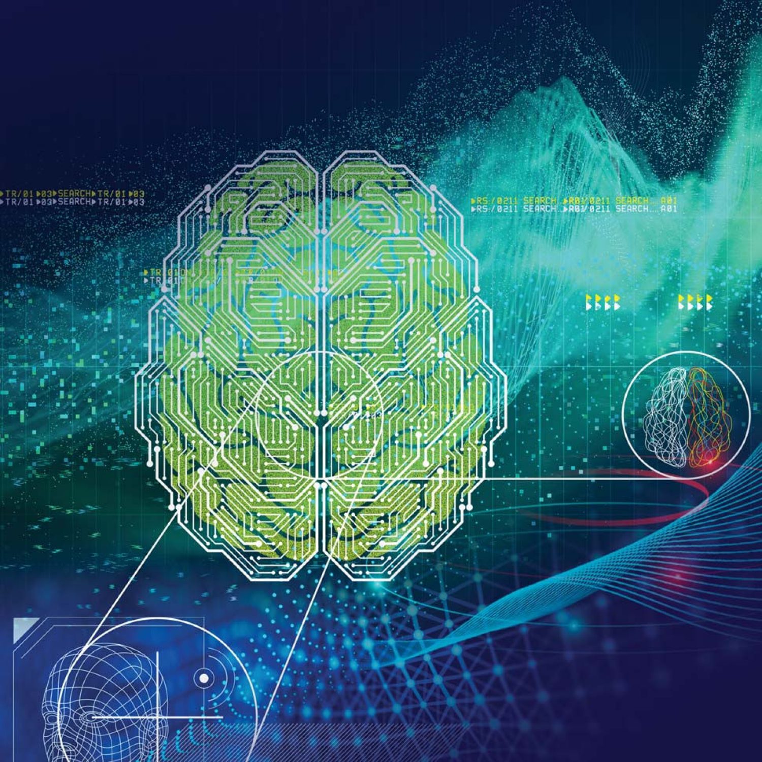 An illustration of a brain with circuitry overlayed and geometric shapes floating in an amorphous space.