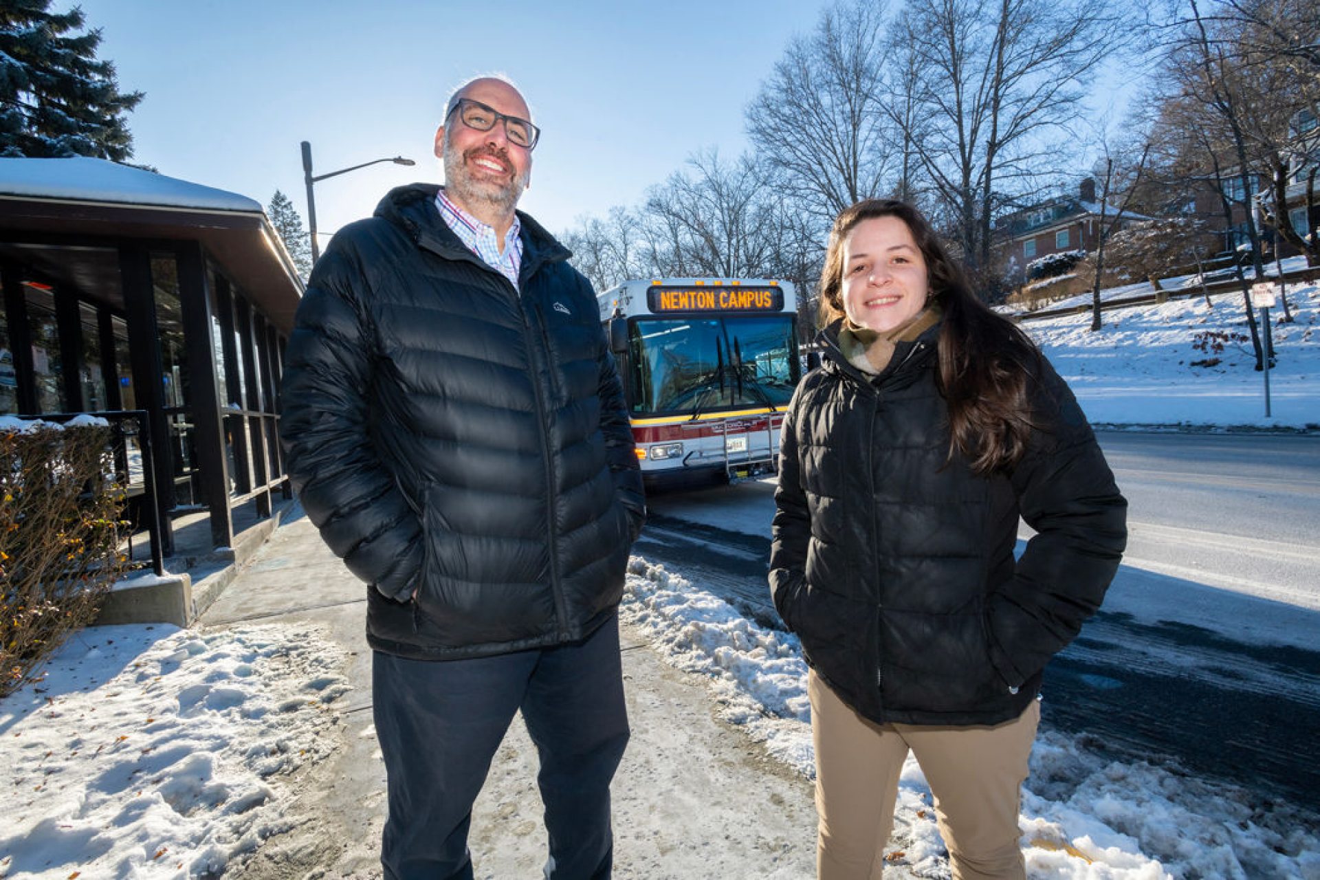 Gabriel Parker and Stephanie Parker on a snowy BC campus
