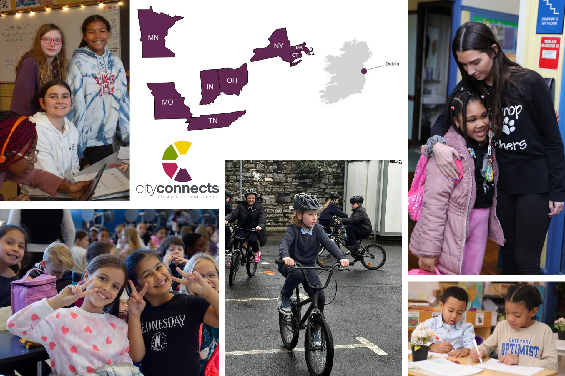 Photos of students from across City Connects network with a map showing all the locations City Connects has been implemented in