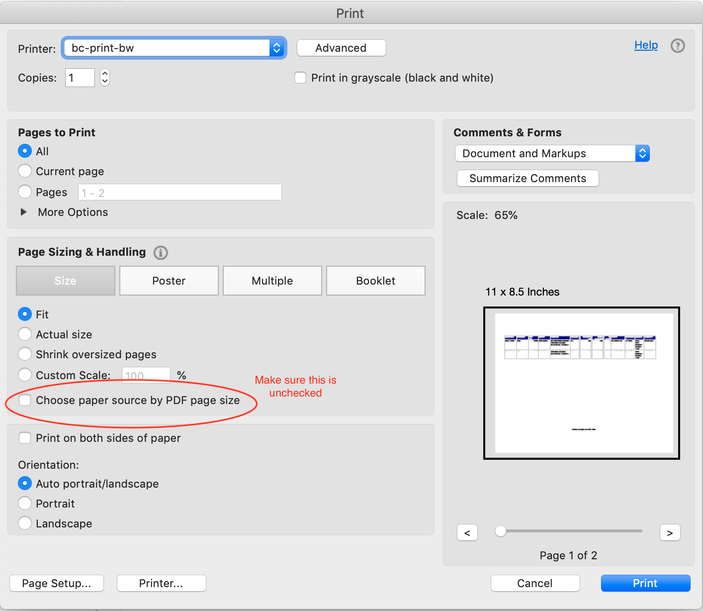 On the Print dialog, uncheck the Choose paper source by PDF page size box