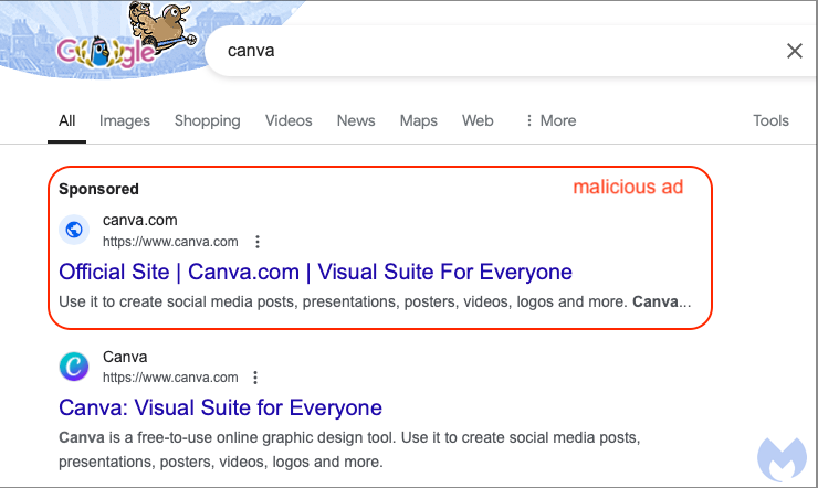 Example of malicious "Sponsored" search result.
