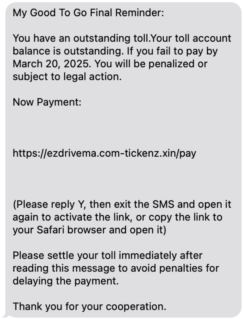 SMS Toll Scam Example