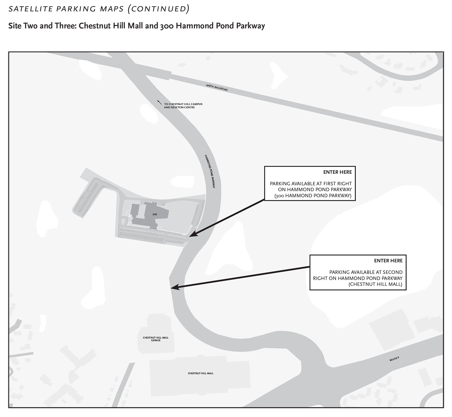 Hammond Pond Parkway and Chestnut Hill Mall satellite parking map for Commencement 2025