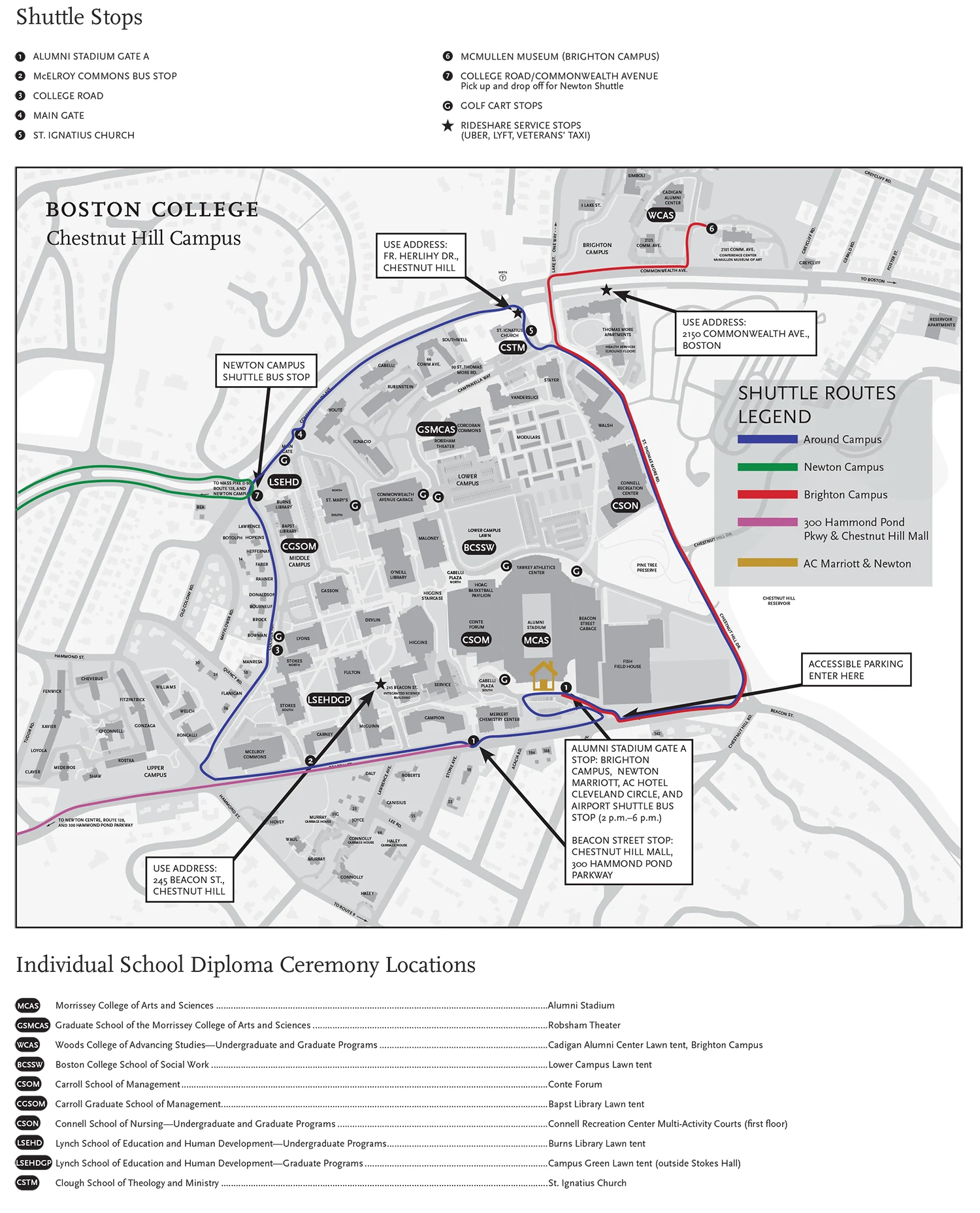 shuttle bus stop map for Commencement 2025