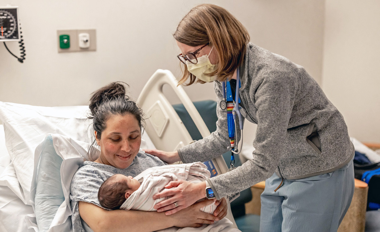 January 27, 2025 -- Boston College Connell School of Nursing​ participati​ng in the midwifery program at Mount Auburn Hospital in Cambridge, Massachusetts, with Katie (Katharine) Hutchinson, Associate Professor of the Practice, Connell School of Nursing​ (black blazer)​, and Julia Dickinson, Director of Midwifery Services, Midwives at Mount Auburn Hospital (scrubs).