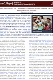 An image of the front cover of the Opportunities and Challenges of Expanding Boston Universal Pre-K to Family Childcare Providers