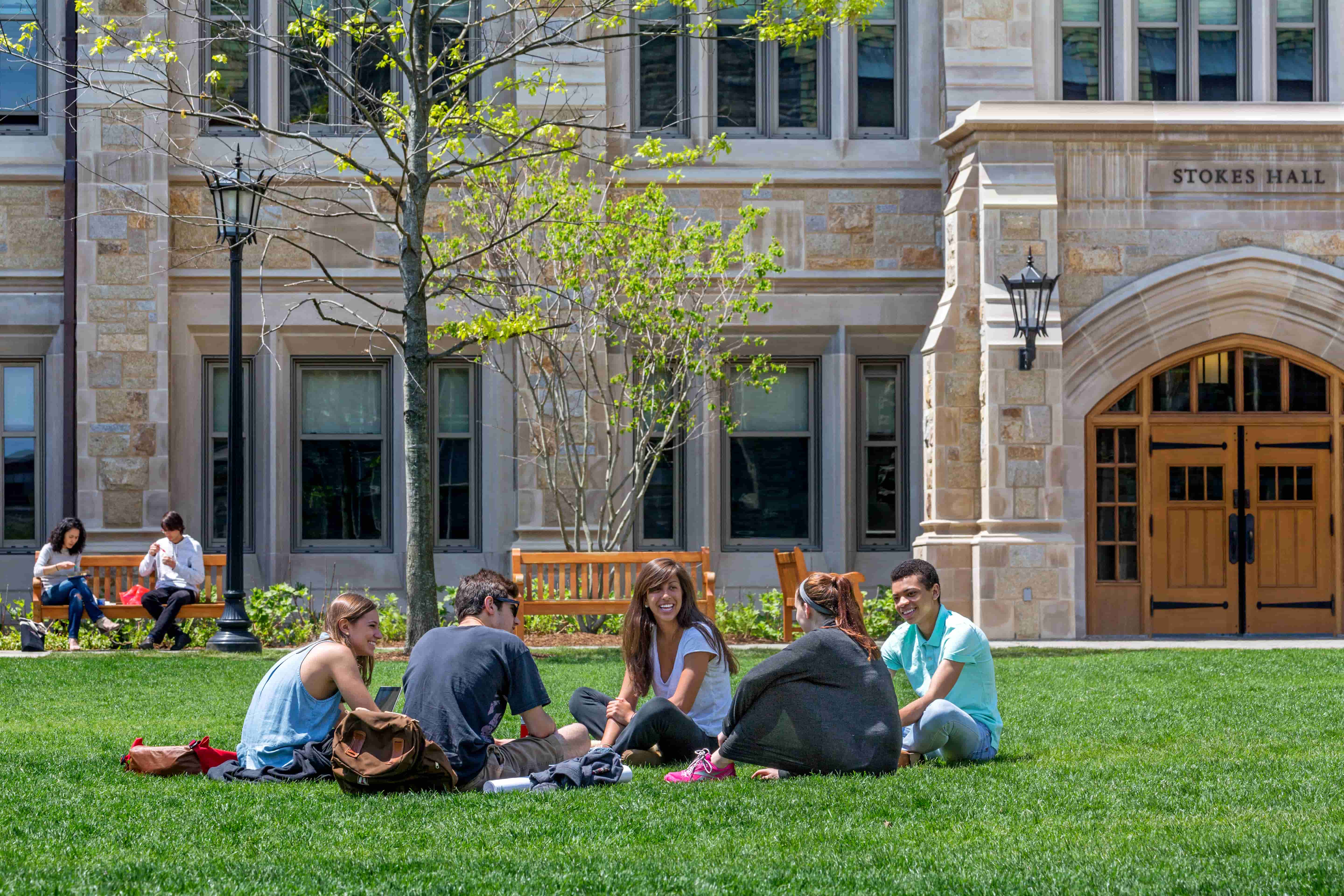 Students talking on lawn outside
