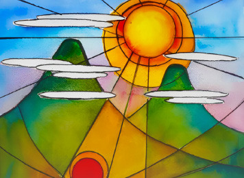 Colored drawing of a large sun between two green hills