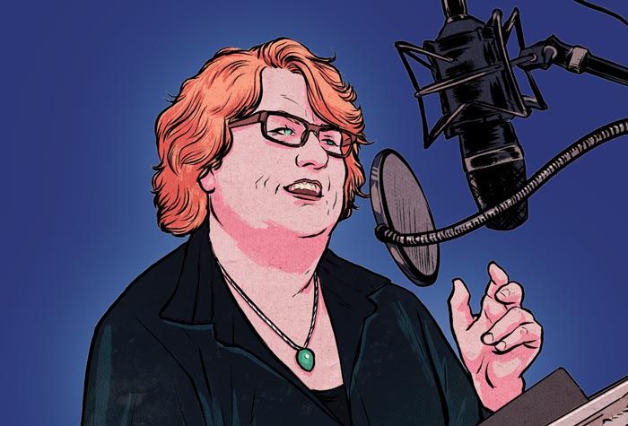 Illustration of Maile Flanagan speaking into a microphone..