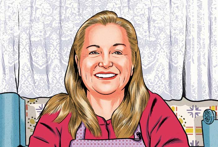 Illustration of Mary Shrader flanked by video equipment preparing a meal in her home kitchen.