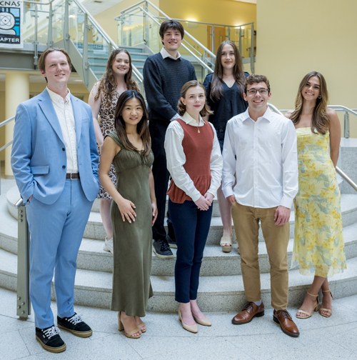 May 16, 2024 -- Boston College 2024 Fulbright Scholars, photographed in Higgins Hall.
(l-r, front row)
Charles “Chip” Ward, Eunice Ham, Frances "Grace" Hart, Tristan Leitz, Anna Davis
(l-r, back row)
Catherine Brewer, Griffin Bassett, Sophia Brady