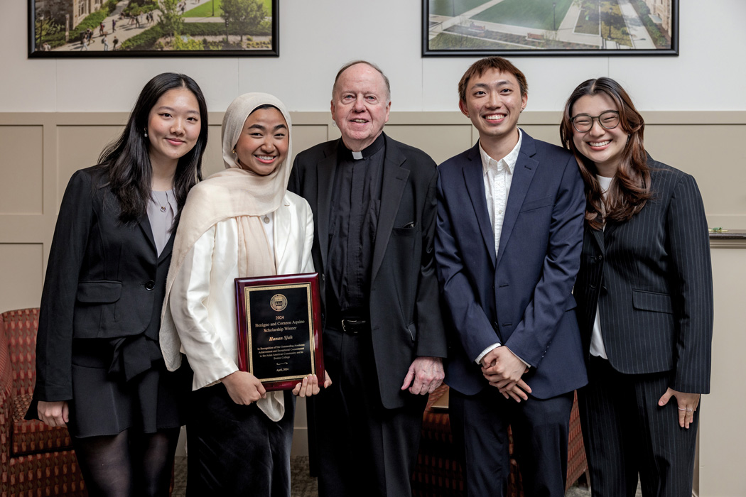 April 26, 2024 -- Boston College's Aquino Scholarship banquet and presentation in McElroy Hall's Faculty Dining Room. The keynote presentation, “Dumplings Make the World Go & Round,” was given virtually by Irene Shiang Li, co-founder of Mei Mei Dumplings and Prepshift (introduced by Jonathan Maeng, co-president elect of Asian Caucus). Hanan Sjah was the winner.
L-R: Chloe Wu; Hanan Sjah (winner); Fr. William P. Leahy, S.J.; Kevin Tang; and Kristen Kim