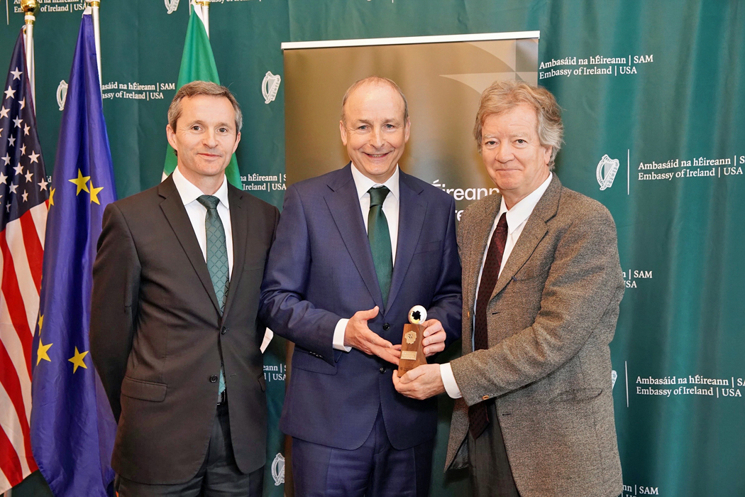 Research Ireland Deputy CEO Ciarán Seoighe, Taoiseach Micheál Martin, and Seelig Professor of Philosophy Richard Kearney following the medal presentation