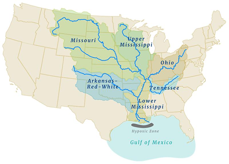A map showing rivers flowing to the Gulf of Mexico