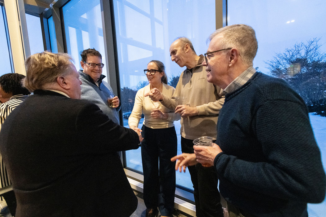 Coverage of the Faculty Pub at the McMullen Museum held in the atrium of McMullen.
Jeremy Evans (evansjv@bc.edu) & Matt Rutledge (organizers).
L-R: Cyril Opeil, S.J., and Mike Naughton (both Physics), Mary C. Burns (Politics and Irish Institute), Guy Beiner (Center for Irish Programs), and James Keenan, S.J. share in a conversation.