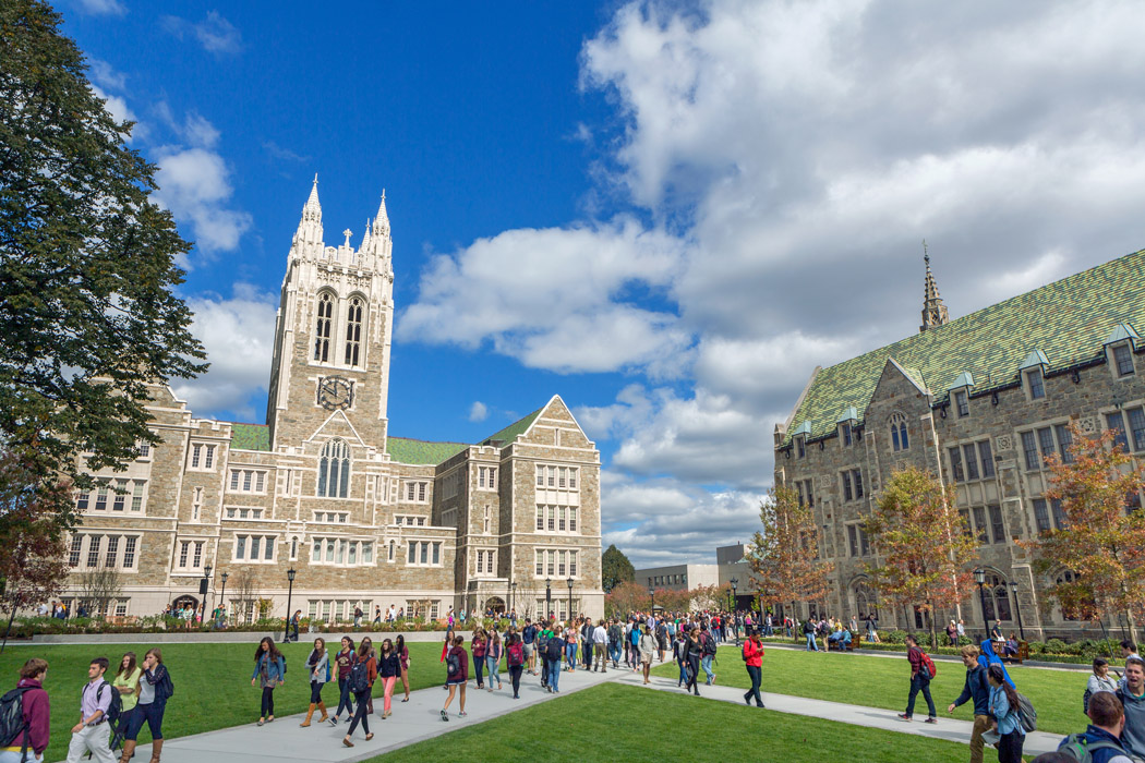 Main campus in autumn during the mid-day class change.