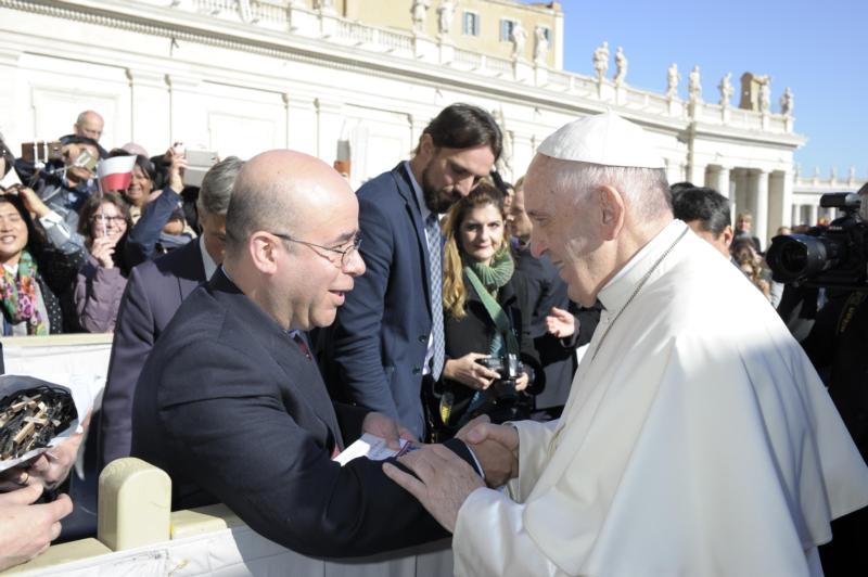 OSPINO-COLUMNS Pope Francis greets Hosffman Ospino, columnist for Catholic News Service and professor of theology and religious education at Boston College. Ospino writes the CNS column "Journeying Together/Caminando juntos." (CNS photo/courtesy Hosffman Ospino)